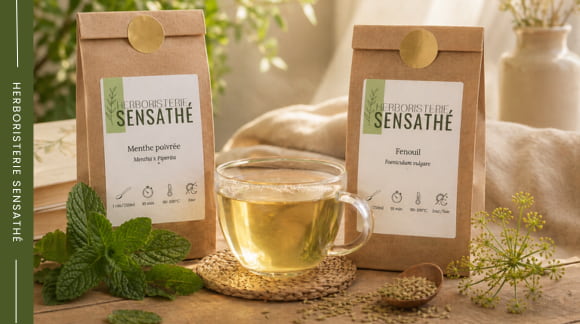 Tisanes digestives de menthe poivrée et fenouil pour soutenir naturellement la digestion et le confort intestinal - Herboristerie Sensathé Tisanes digestives de menthe poivrée et fenouil pour soutenir naturellement la digestion et le confort intestinal - Herboristerie Sensathé